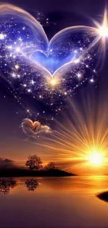 Heart-shaped constellation over sunset lake with stars.