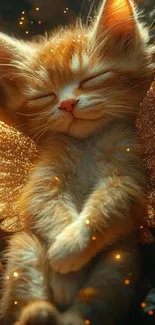 Charming kitten with golden wings, peacefully sleeping.