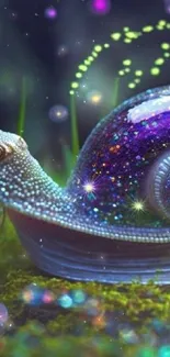 Magical snail with sparkling shell in a vibrant fantasy landscape.