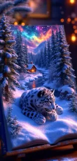 Snow leopard resting on a magical snowy book in a winter wonderland.