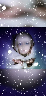 Magical winter scene with snowfall, featuring a child in snowy attire.