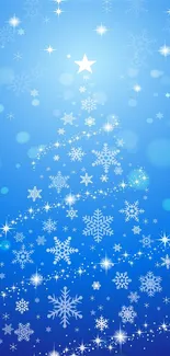 Elegant Christmas tree with snowflakes on a blue background, perfect for a festive wallpaper.