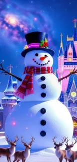 Snowman with a castle backdrop and reindeer in a winter wonderland.