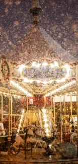 A magical carousel with lights in a snowy winter scene.