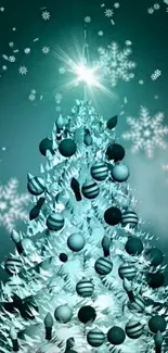 Snowy Christmas tree with ornaments and snowflakes.