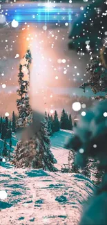 Snowy forest with sparkling snowflakes and glowing lights.