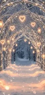 Snowy path adorned with glowing heart lanterns in winter.