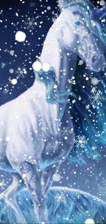 Magical unicorn in snow with vibrant blue mane.