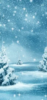 Snowy winter landscape with sparkling stars and trees.