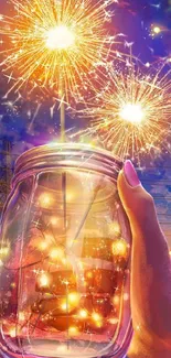 A hand holds a glowing jar with sparklers under a night sky.