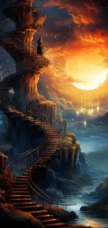 Magical spiral staircase under a glowing sun in a fantasy landscape.