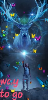 Fantasy wallpaper with glowing stag and butterflies in a mystical forest.