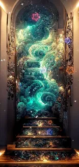 Magical teal staircase with swirling art design