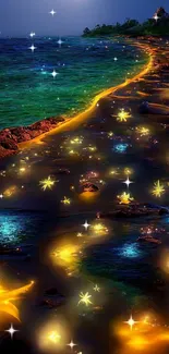 Magical beach night with glowing stars and dark ocean waves under moonlight.