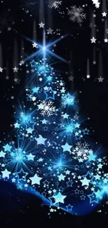 Magical starry Christmas tree with blue stars and snowflakes on a dark backdrop.