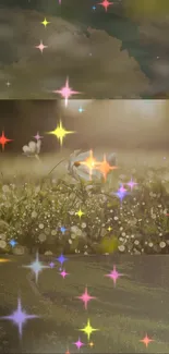 Magical meadow with sparkling stars and serene nature background.