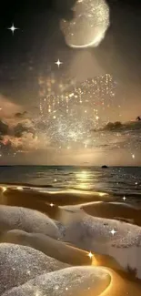 Magical starry night beach wallpaper with golden glow.