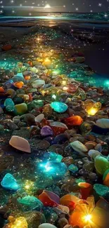 Colorful stones glow on a beach with a galaxy-like sunset.