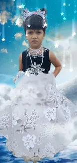 Child in a magical starry sky with clouds and stars in a beautiful gown.