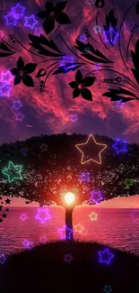 Magical tree with neon stars at sunset.