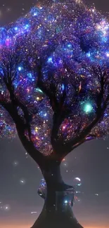 Glowing magical tree with cosmic starry lights in the night.