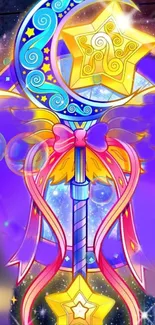 Whimsical purple magic wand with stars and vibrant colors on mobile wallpaper.