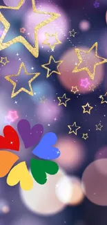 Colorful wallpaper with golden stars and bokeh effect.