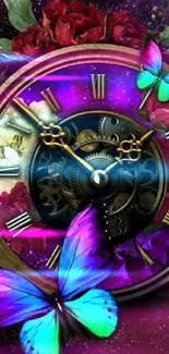 Steampunk clock with butterflies and flowers on a purple galaxy background.