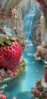 Fantasy garden with giant strawberries and a turquoise waterfall.