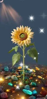 Magical sunflower with glowing stones under a crescent moon night sky.