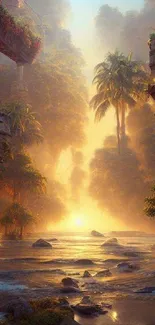 Magical sunrise landscape depicting an oasis with vibrant colors and serene water.