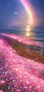 Magical beach with sparkling pink sand and a rainbow sunset.