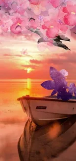 Fairy sitting on a boat under a dreamy sunset with pink flowers.