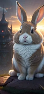 Cute rabbit in a fantasy setting with castle backdrop.