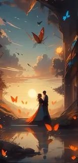 Couple at sunset surrounded by butterflies.