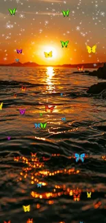 Sunset over ocean with colorful butterflies and sparkling stars in a magical scene.