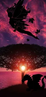 Fairy and dragon silhouettes at sunset with vibrant sky.