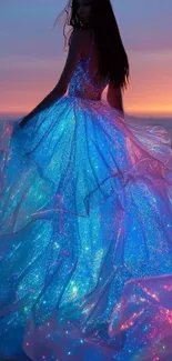 A magical glittering gown against a vibrant sunset by the ocean.