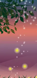 A serene mobile wallpaper with a magical sunset and glowing fireflies.