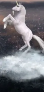 Unicorn at sunset reflecting on tranquil water surrounded by rocks.