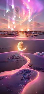 Lavender sunset with glowing crescent and dreamy sky reflection.