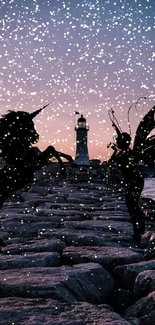 Silhouettes of a unicorn and fairy by a lighthouse at sunset with stone pathway.