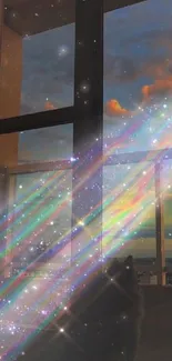 Magical sunset view through window with sparkling light beams.