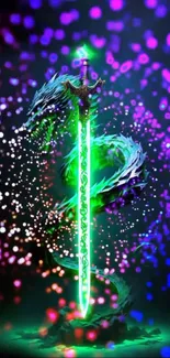 Glowing sword with dragon and colorful lights mobile wallpaper.