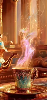 Magical tea cup with colorful steam in royal setting.
