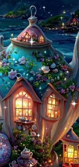 Magical teapot home lit by moonlight on a serene night by the sea.