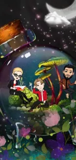 Cartoon characters in magical terrarium under night sky.