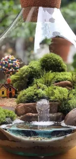 Magical terrarium landscape with house and waterfall in a glass jar.