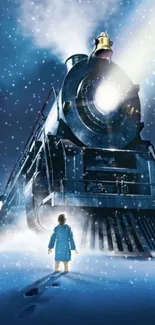 Magical steam train in snowy winter landscape for mobile wallpaper.