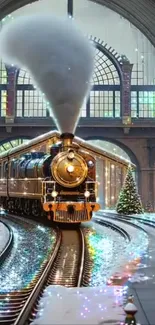 Steam train in snowy decorated station with lights.